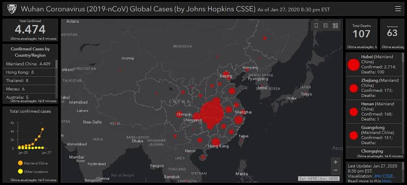 Mapa mostra dados do coronavírus em tempo real